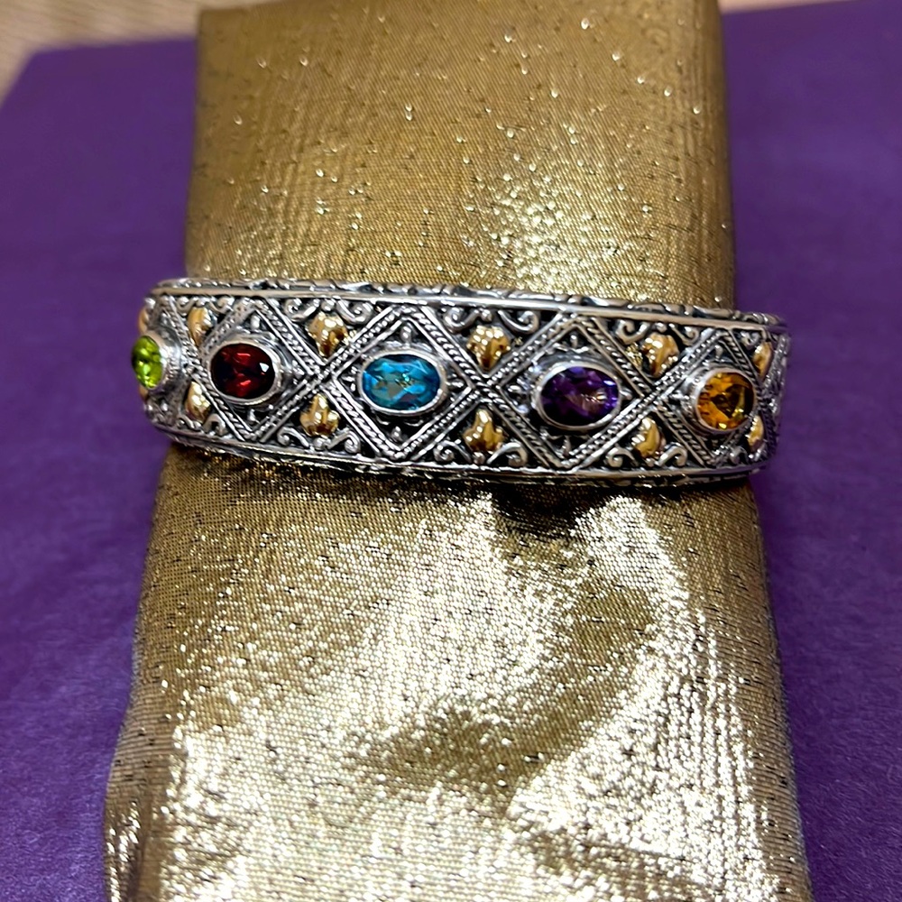 Artisan Crafted Bali design 925 Sterling Silver/18k gold gemstone cuff